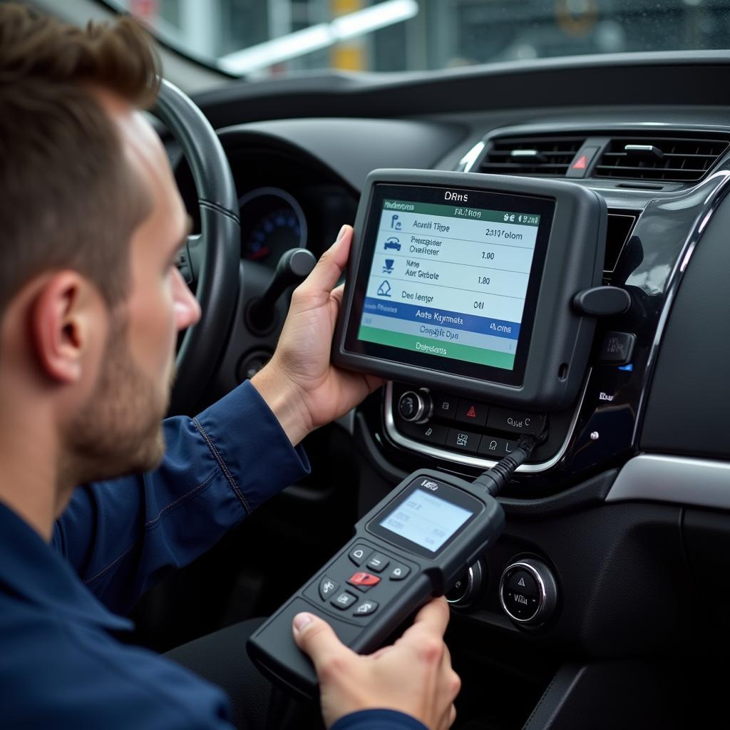 Mechanic using a professional car scanner tool