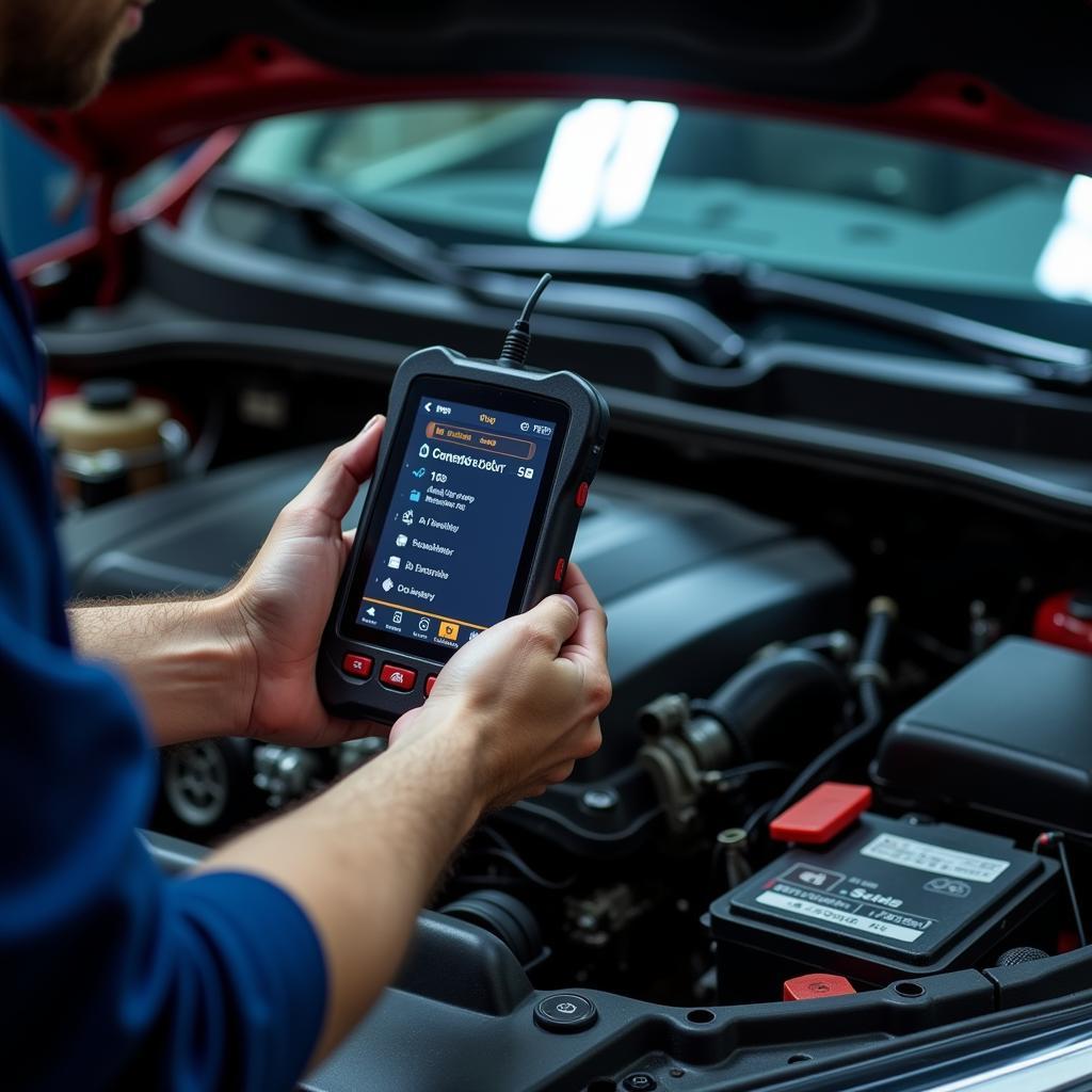 Mechanic using a professional-grade scan tool to diagnose a car problem