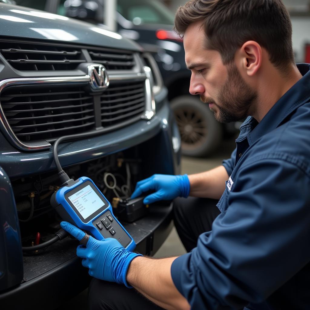 Professional Mechanic Diagnosing a Car with a Scan Tool