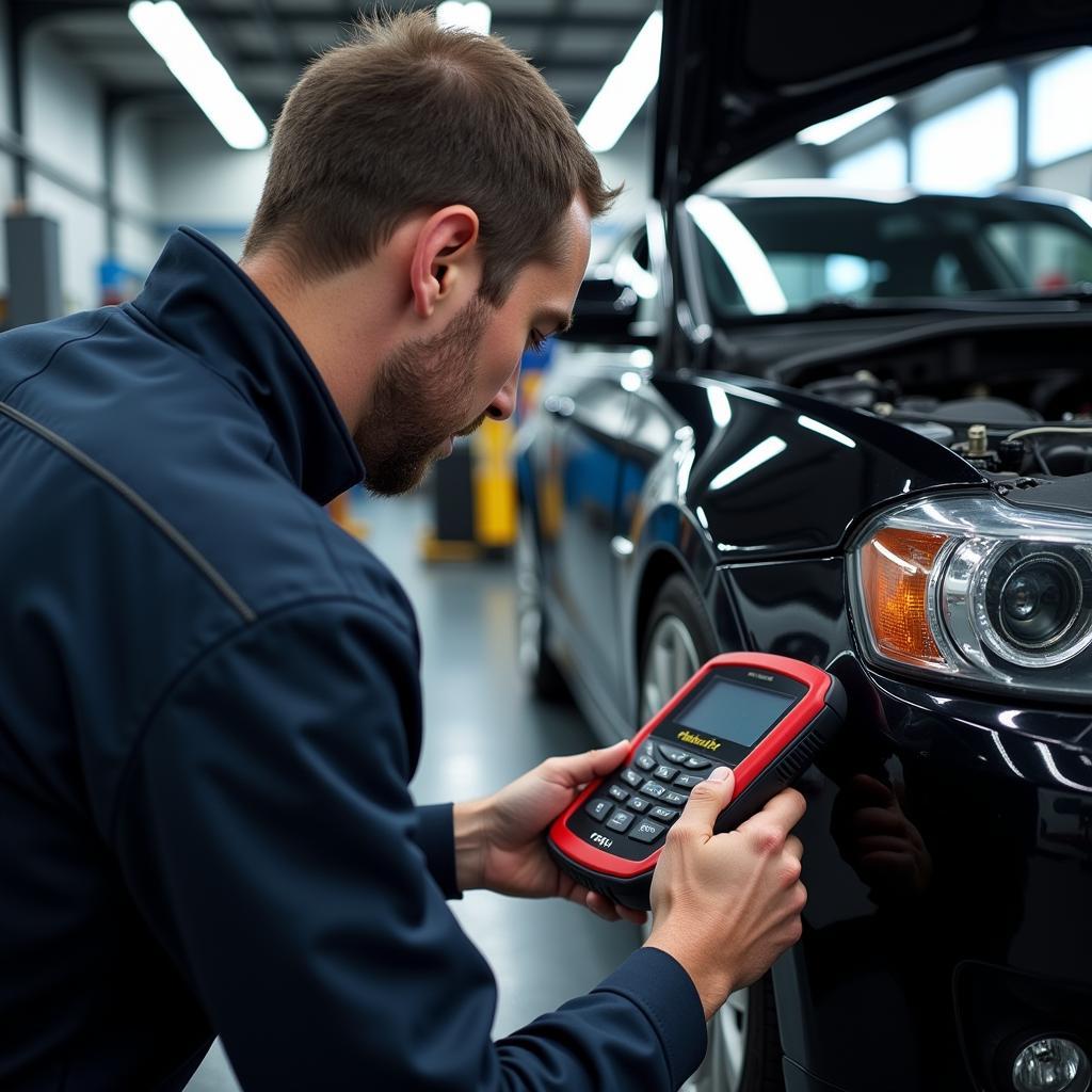 Mechanic using a professional diagnostic tool