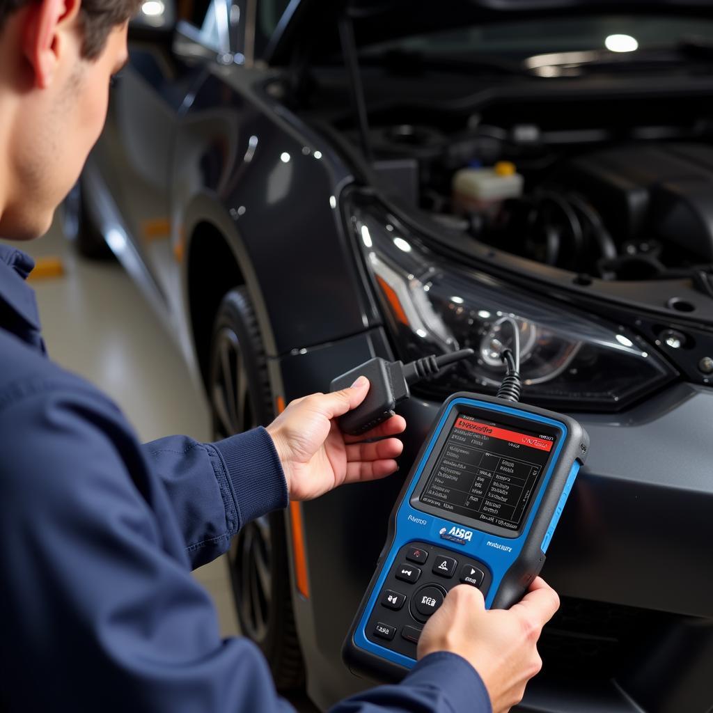 Mechanic using a professional scan tool in a garage