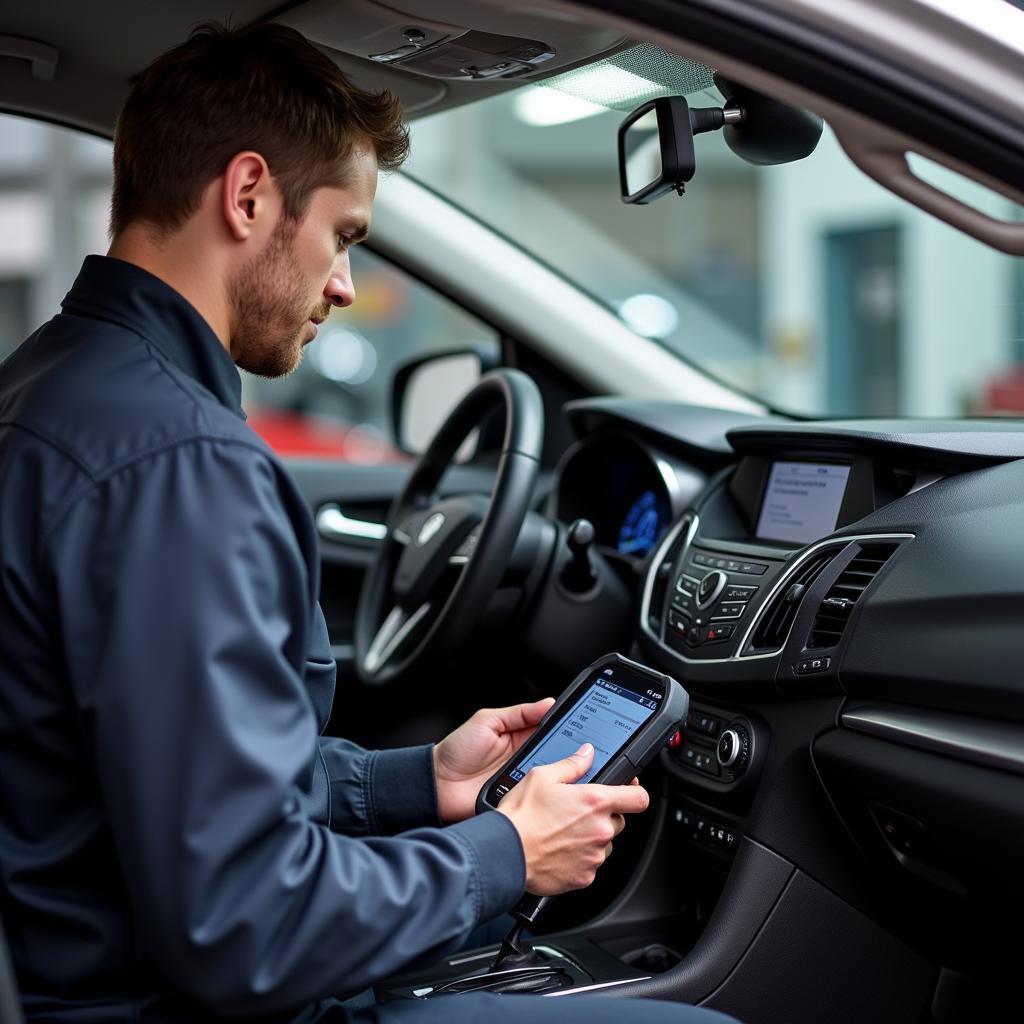 Mechanic using a scalp diagnostic tool connected to a car's OBD-II port