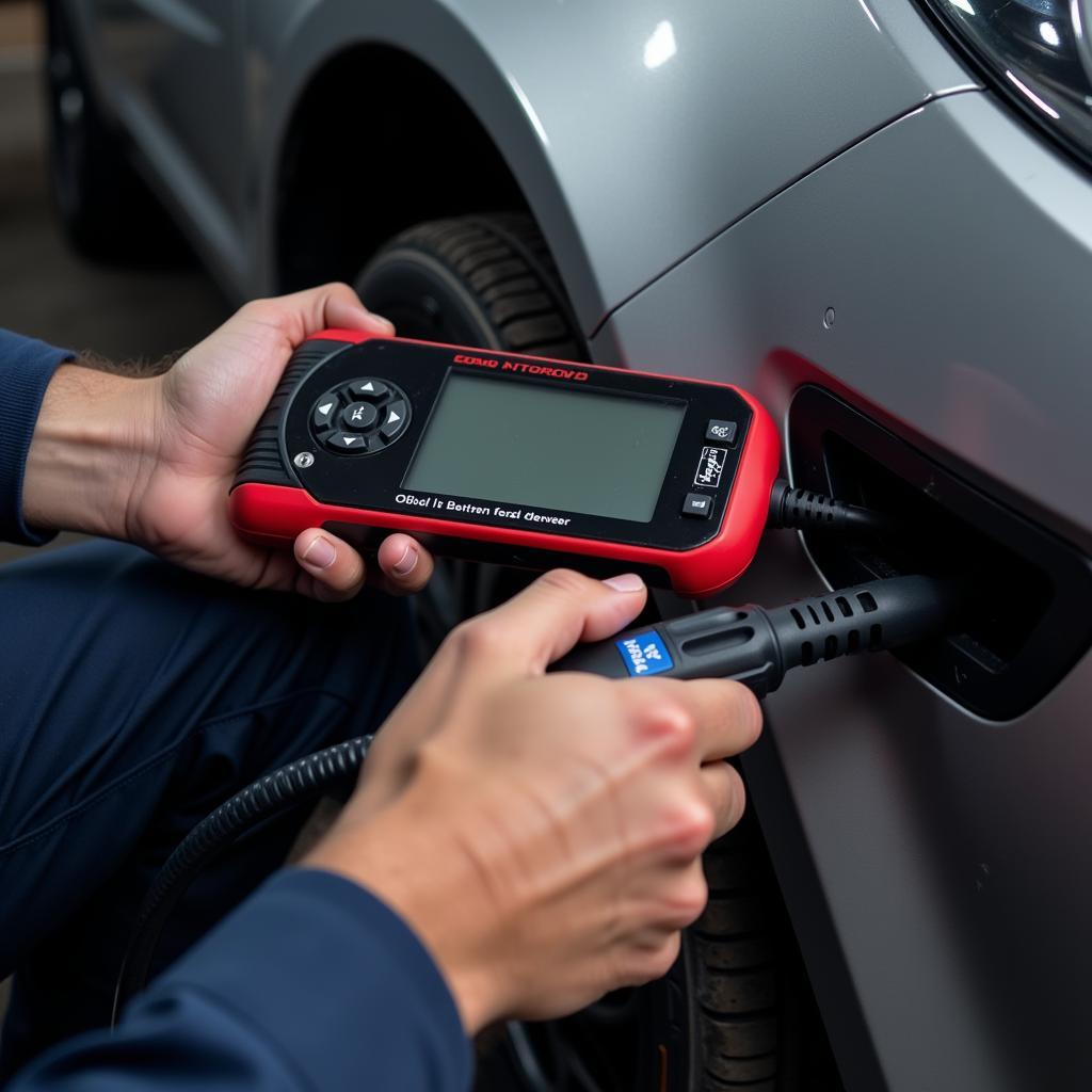 Mechanic using a scan tool to diagnose a car