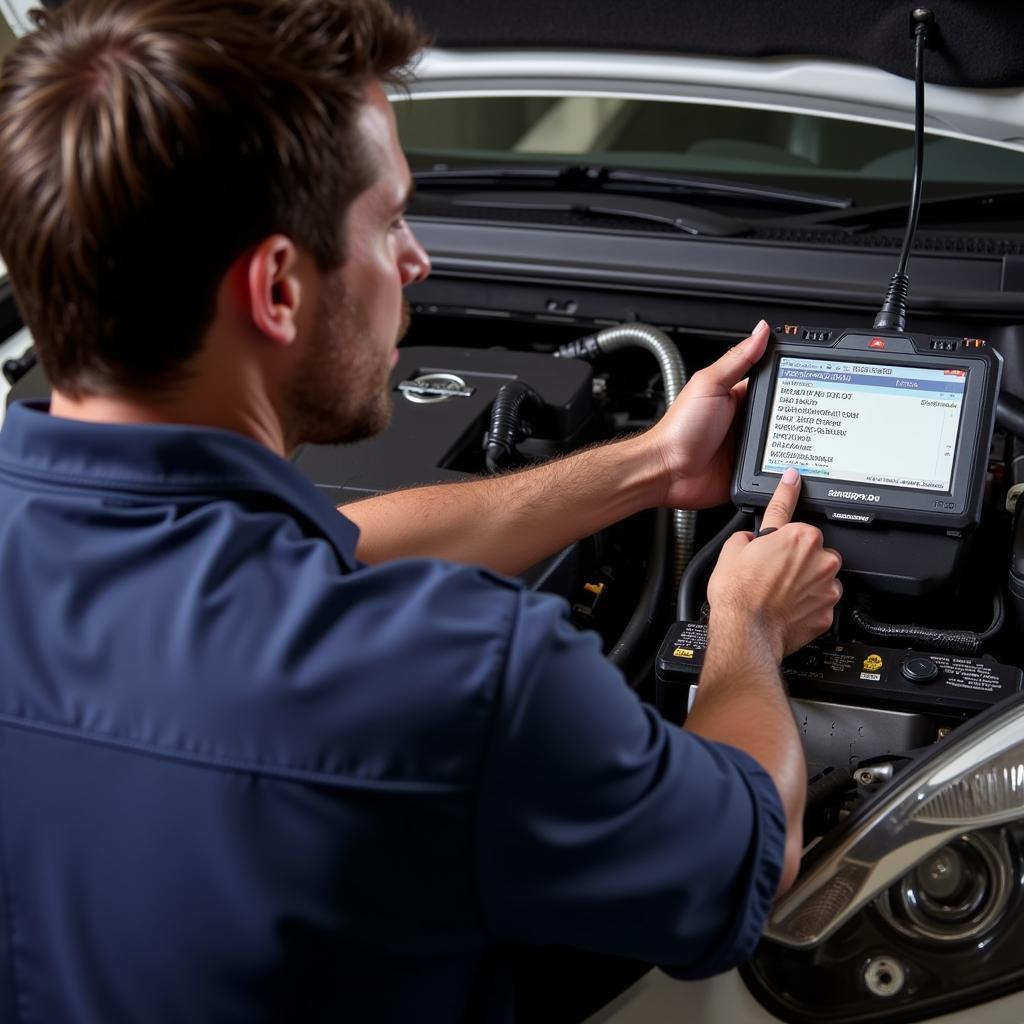 Mechanic using a Snap-on MODIS scan tool to diagnose a car engine