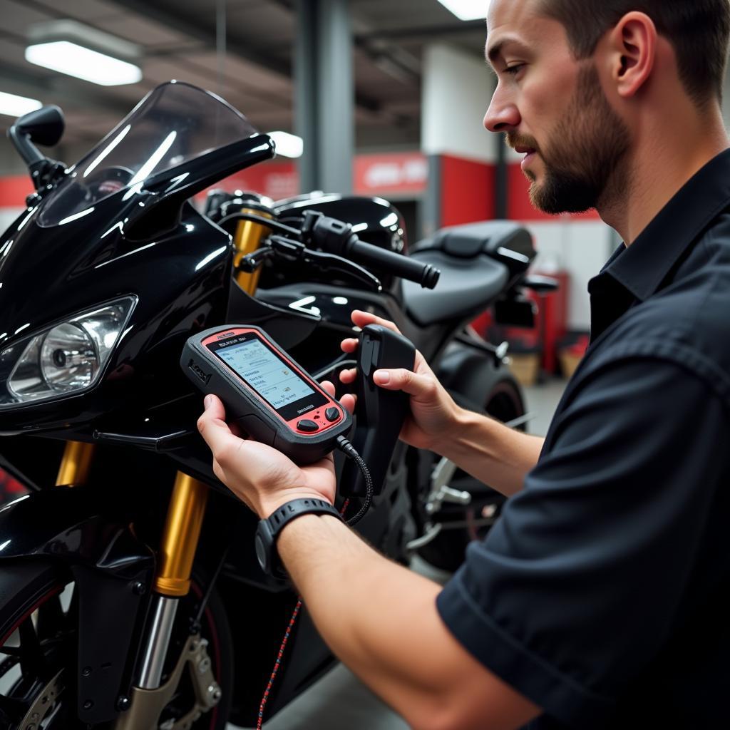 Mechanic using a Snap-on Motorcycle Diagnostic Tool