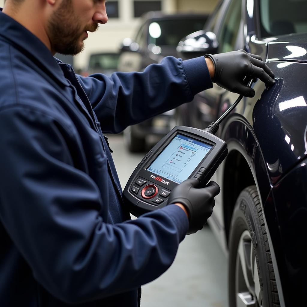 Mechanic using a TCM scan tool for diagnosis