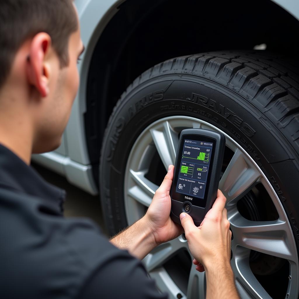 Mechanic using a tire sensor scan tool on a car