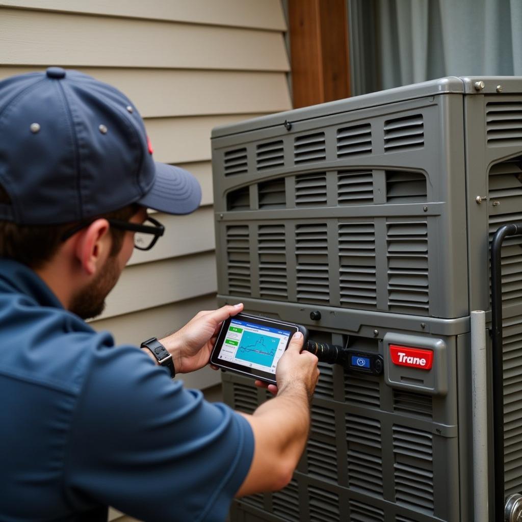 HVAC technician using a Trane diagnostic tool