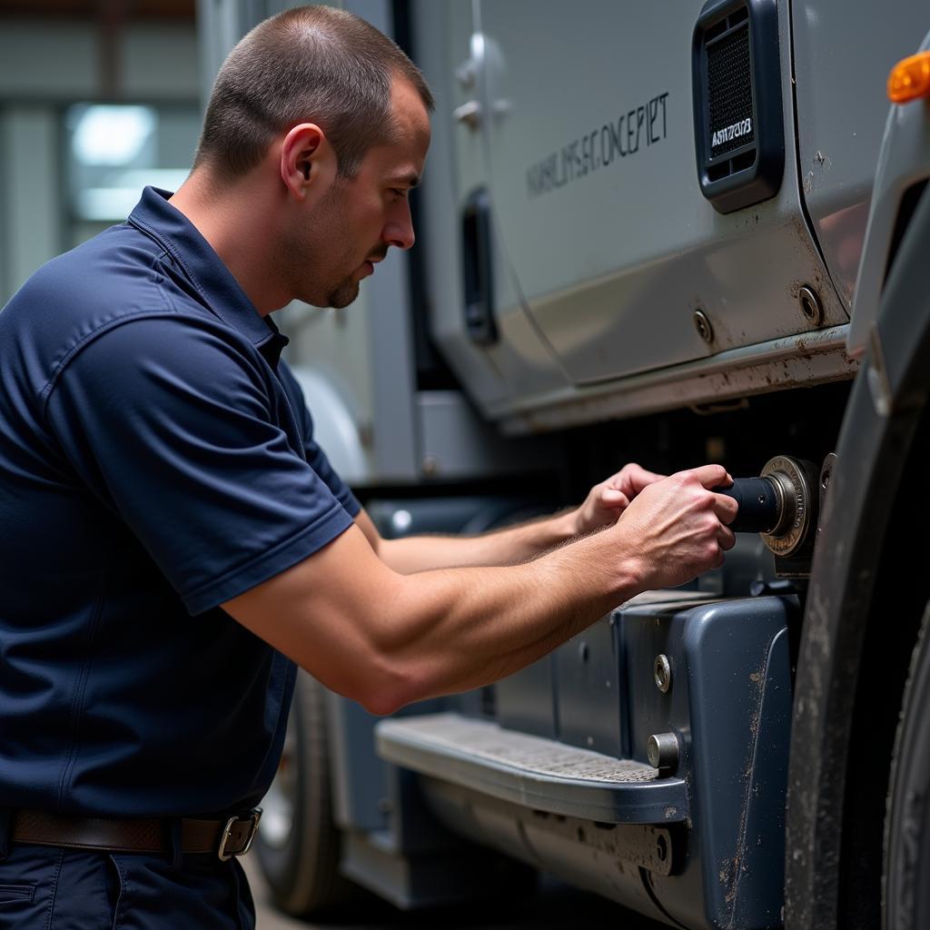 Mechanic using a truck diagnostics tool