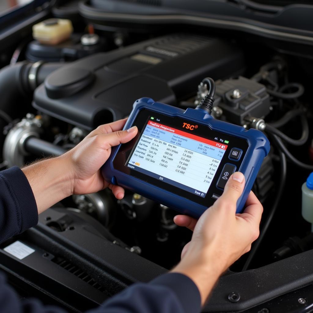 Mechanic using the TSC TTP-244CE diagnostic tool