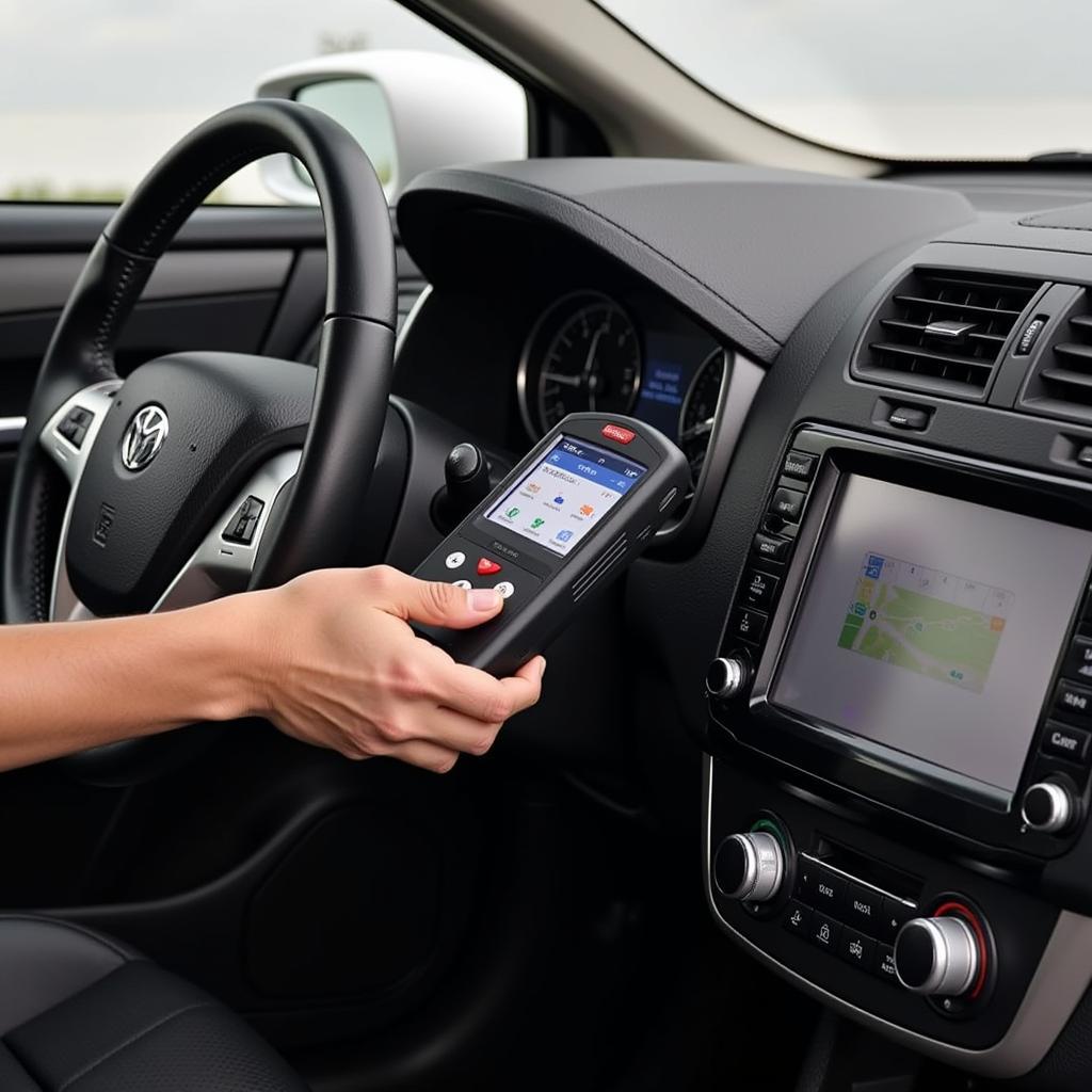 A person connecting the Foxwell NT301 scanner to a car's OBD2 port.