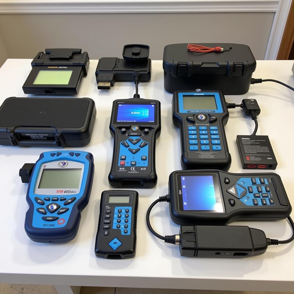 Different types of BMW i3 diagnostic tools displayed on a table