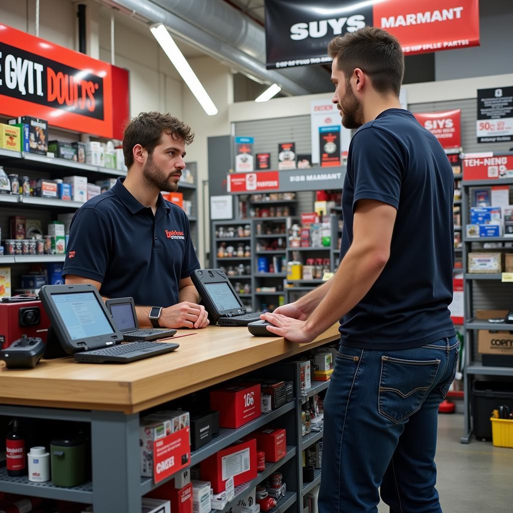 Mechanic Helping Customer Choose a Rental Scan Tool