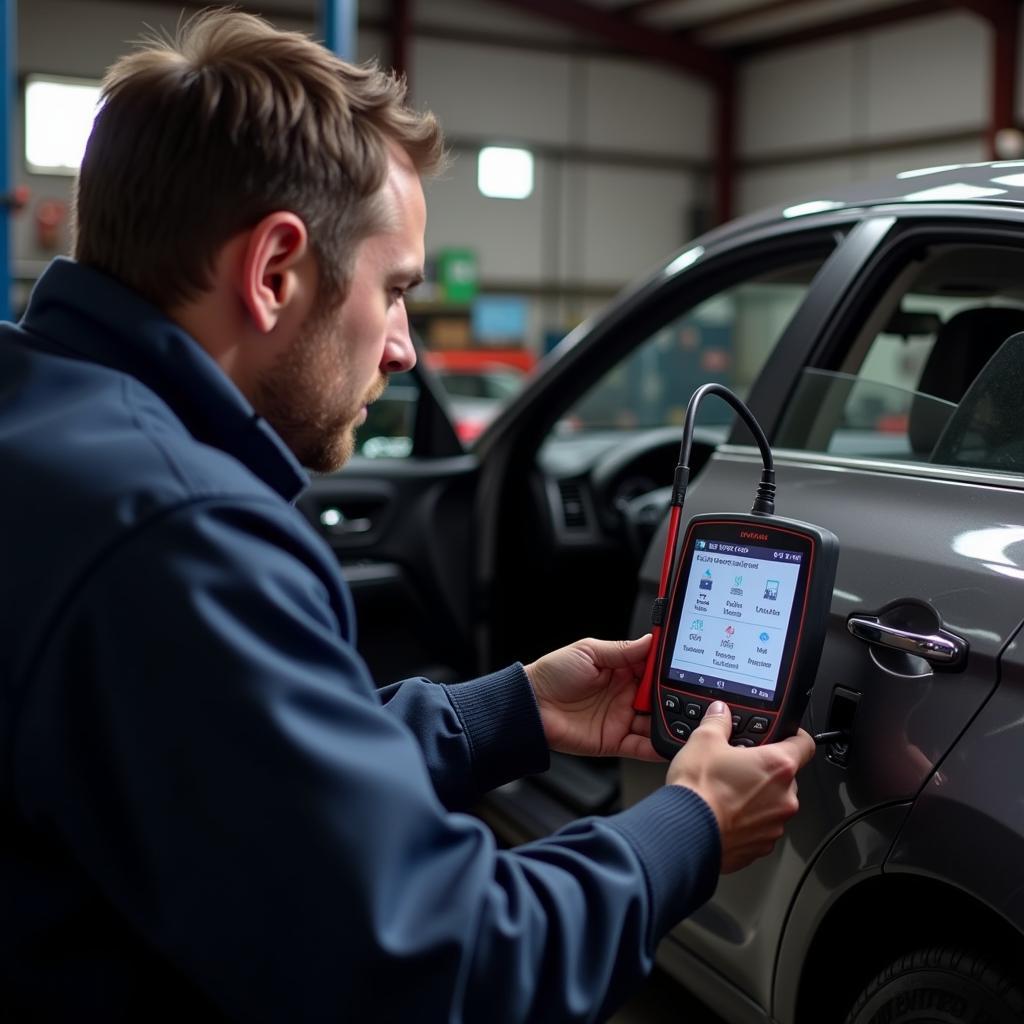 Mechanic using a wireless car diagnostic tool