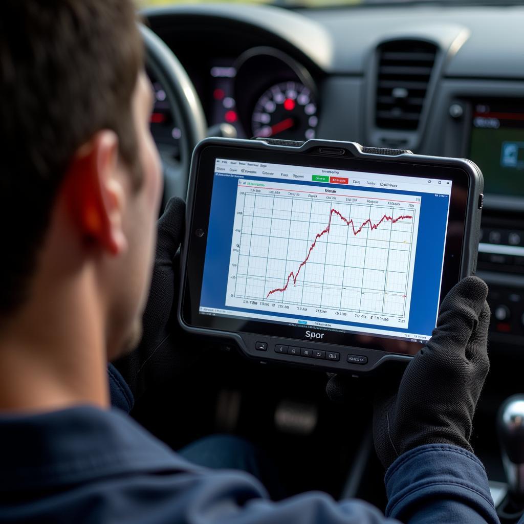 A technician uses a diagnostic tool's advanced features, such as live data streaming and graphing, to analyze vehicle performance.