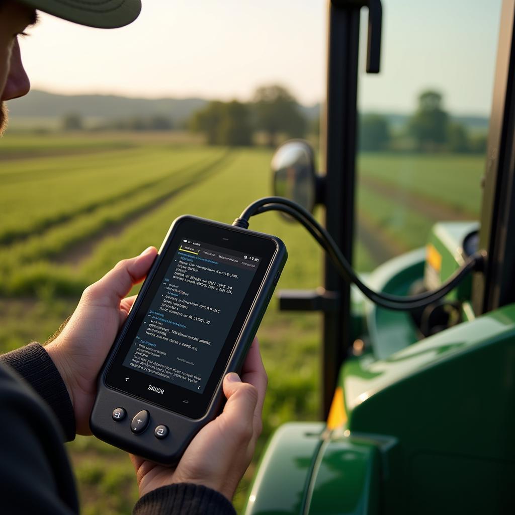 Farmer using an agricultural scan tool to diagnose tractor problems