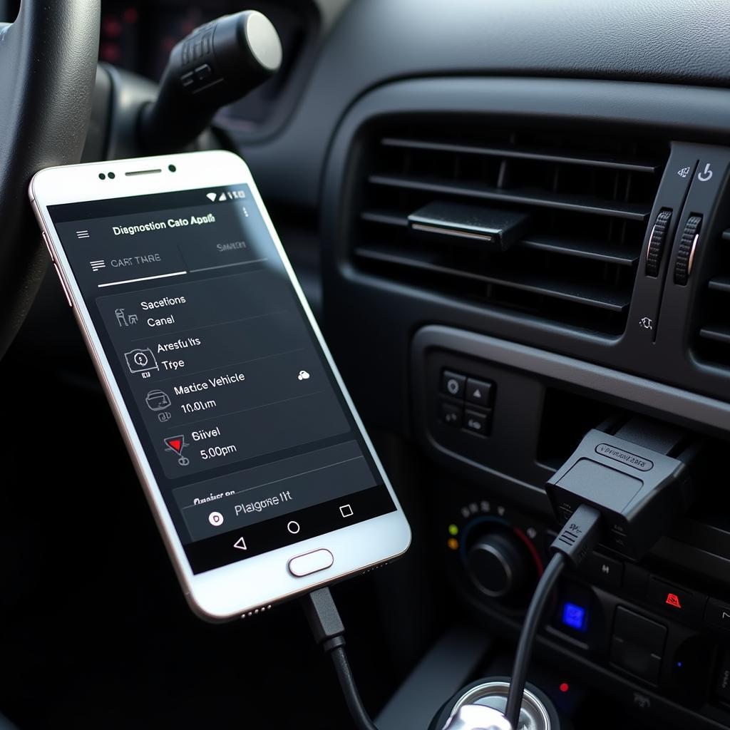 Android Device Connected to OBD Port for Diagnostics