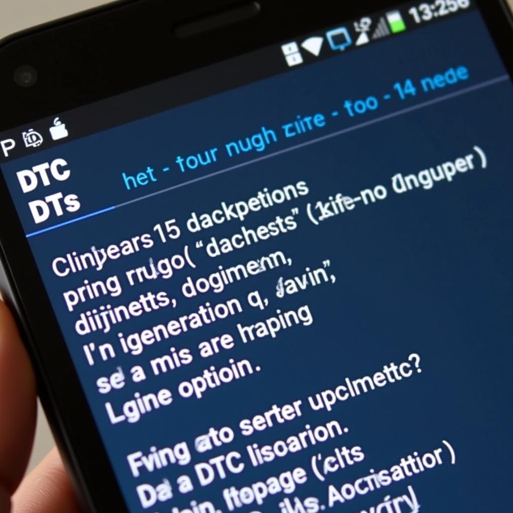 Android diagnostic app displaying Diagnostic Trouble Codes (DTCs) on screen