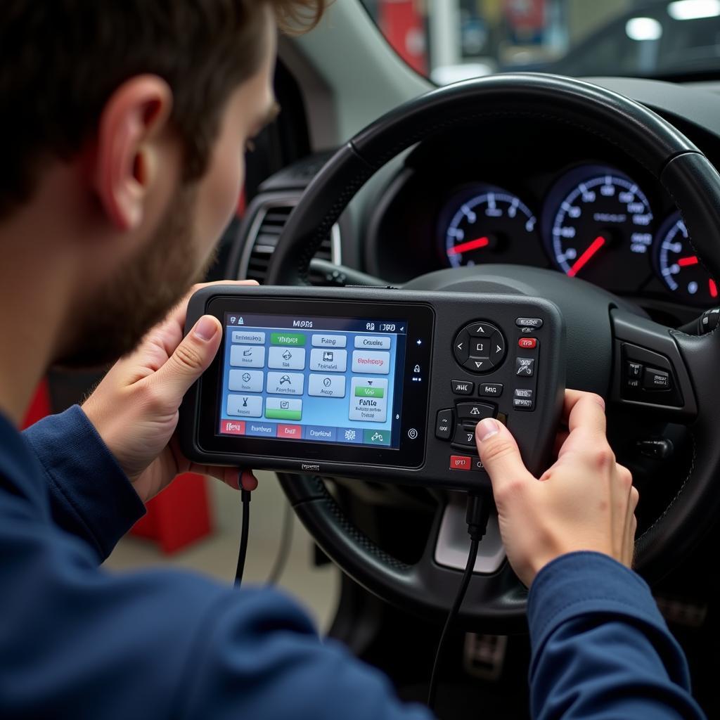 Technician using an automotive diagnostic tool to troubleshoot a vehicle problem