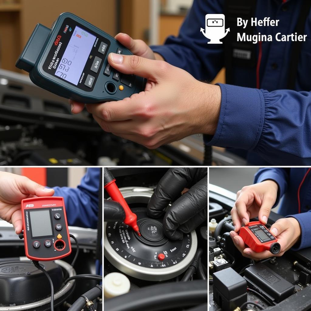 Technician using automotive diagnostic tools on a car engine