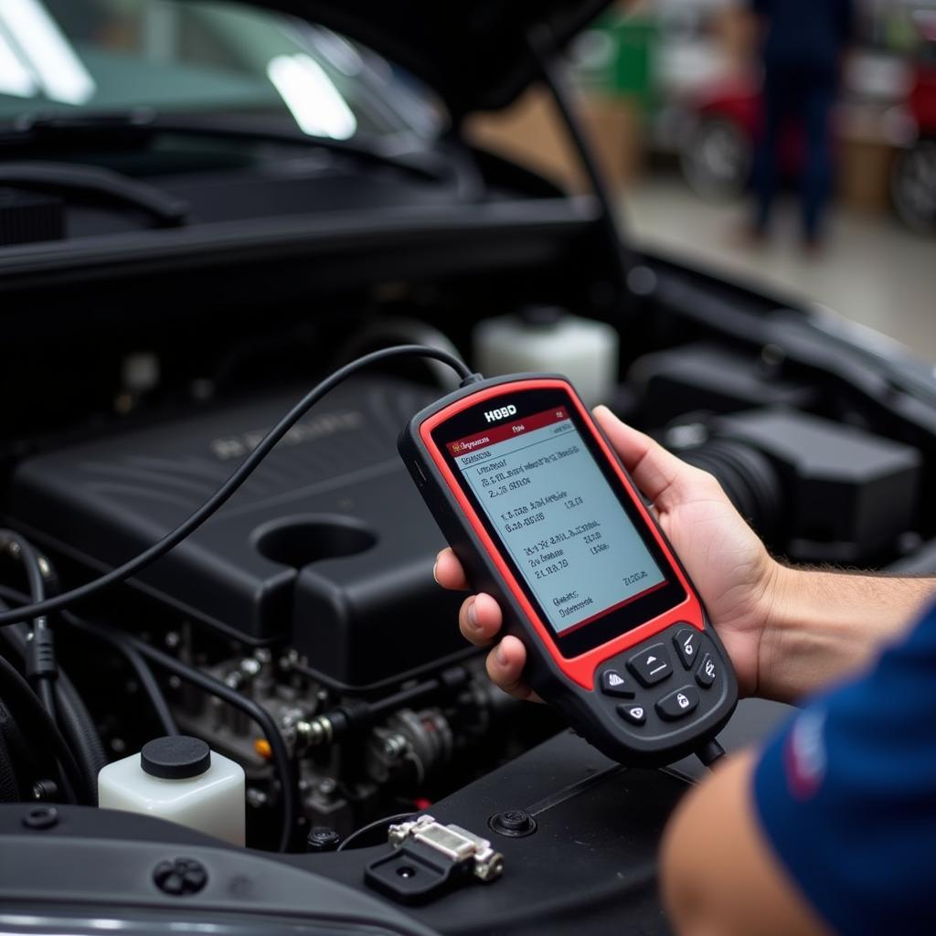 Technician using an automotive scan tool to diagnose an engine problem