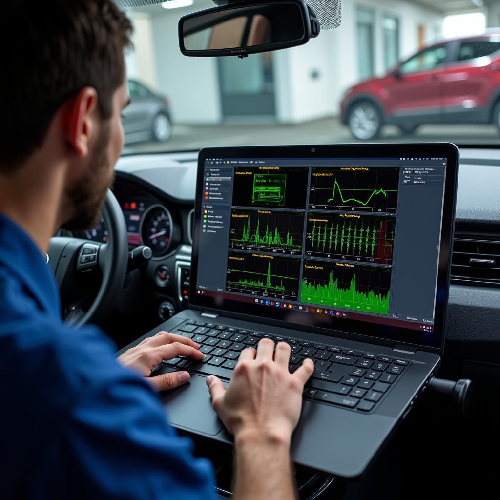 Automotive Technician Using Diagnostic Software on a Laptop