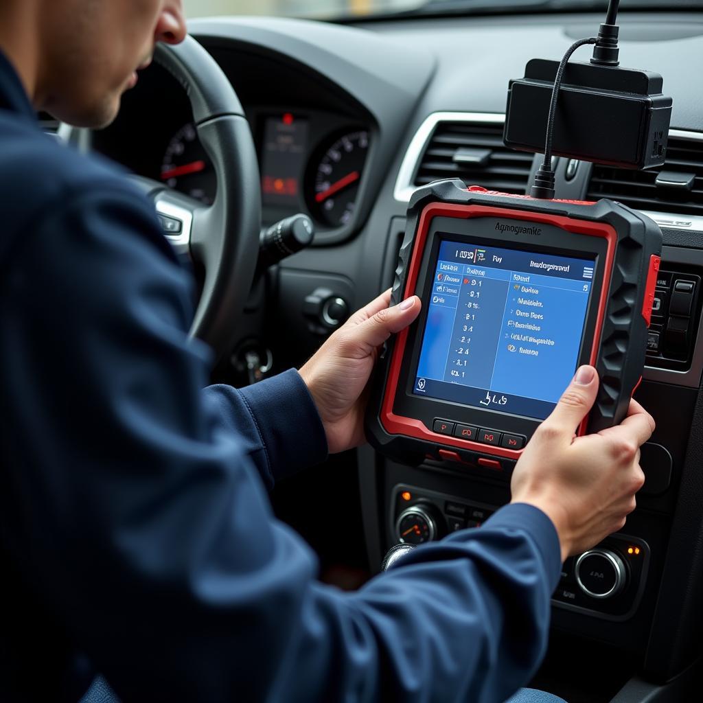 Automotive Technician Using a Scan Tool for Diagnostics