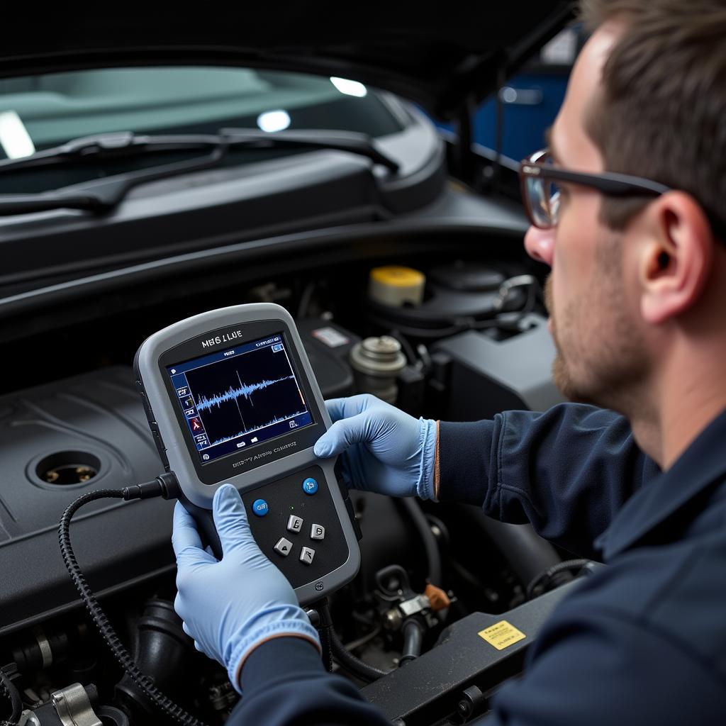 Technician Using an Automotive Ultrasound Diagnostic Tool to Inspect an Engine Component