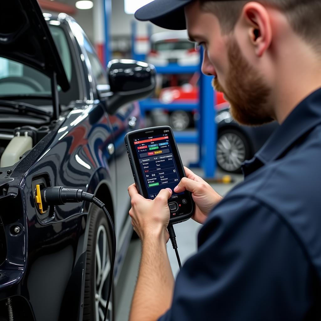 Mechanic using a best car scan tool to diagnose a vehicle