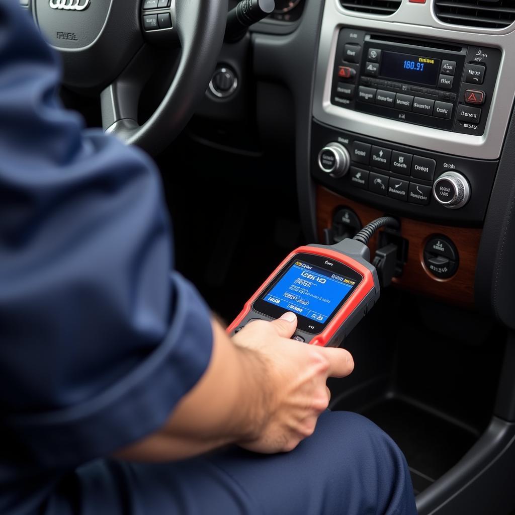 Mechanic Using an OBD2 Scanner in a Garage