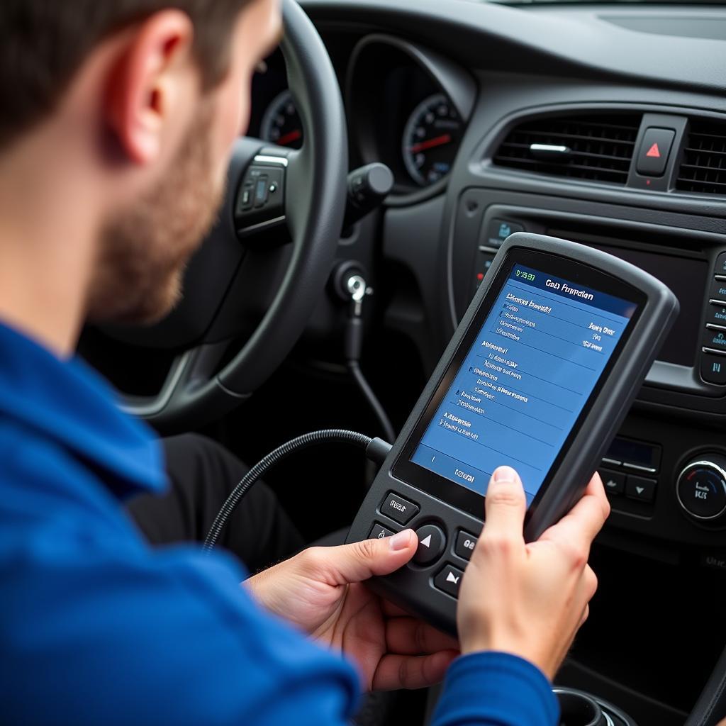 Mechanic using a best cars diagnostic scan tool to diagnose a car problem