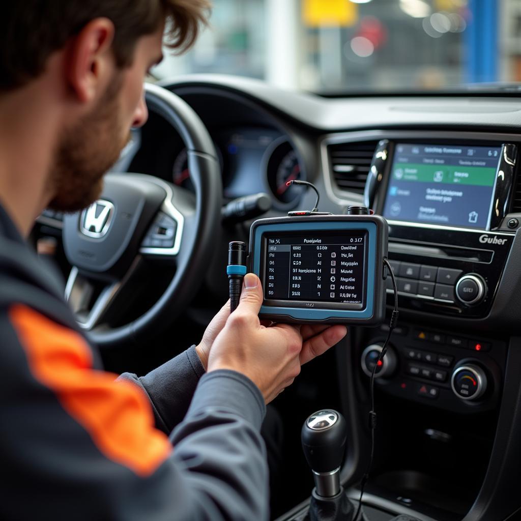 Mechanic using a bi-directional scan tool to diagnose a car problem