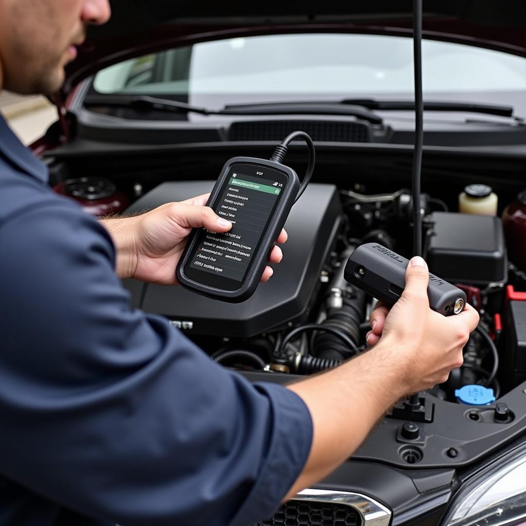 Mechanic using a bidirectional scan tool to diagnose a car's electrical system