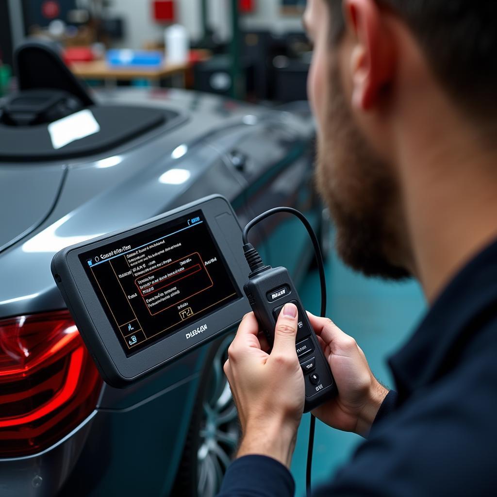 Mechanic Using a BMW Diagnostic Tool to Troubleshoot a Car