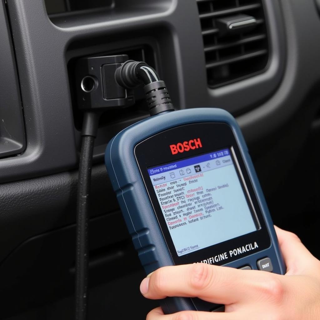 Bosch OBD 1100 scan tool displaying DTC on the screen