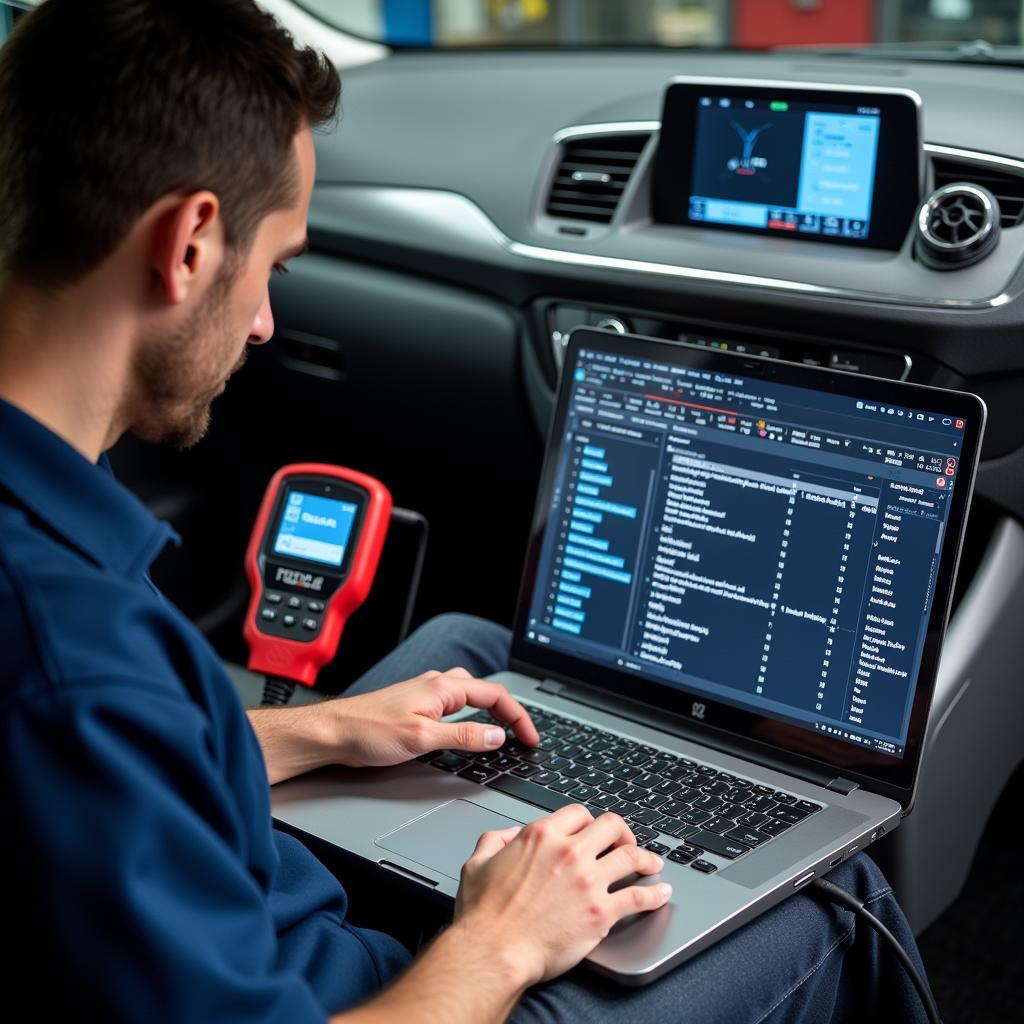 Car diagnostic tools being used by a technician in a repair shop