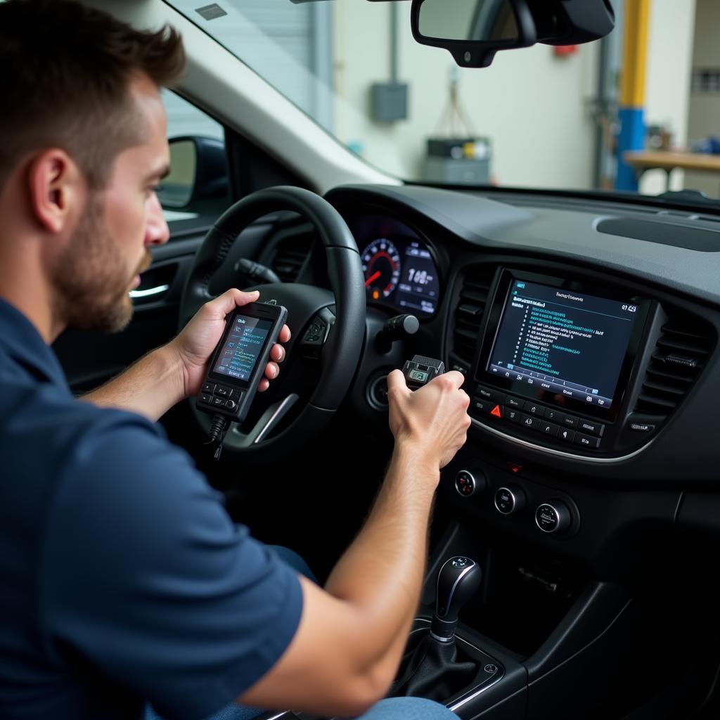 Car Mechanic Using OBD Scanner to Diagnose Car Problem