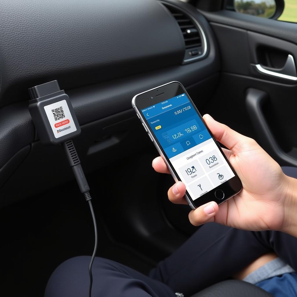 Car owner using a Bluetooth OBD2 scanner with their smartphone.