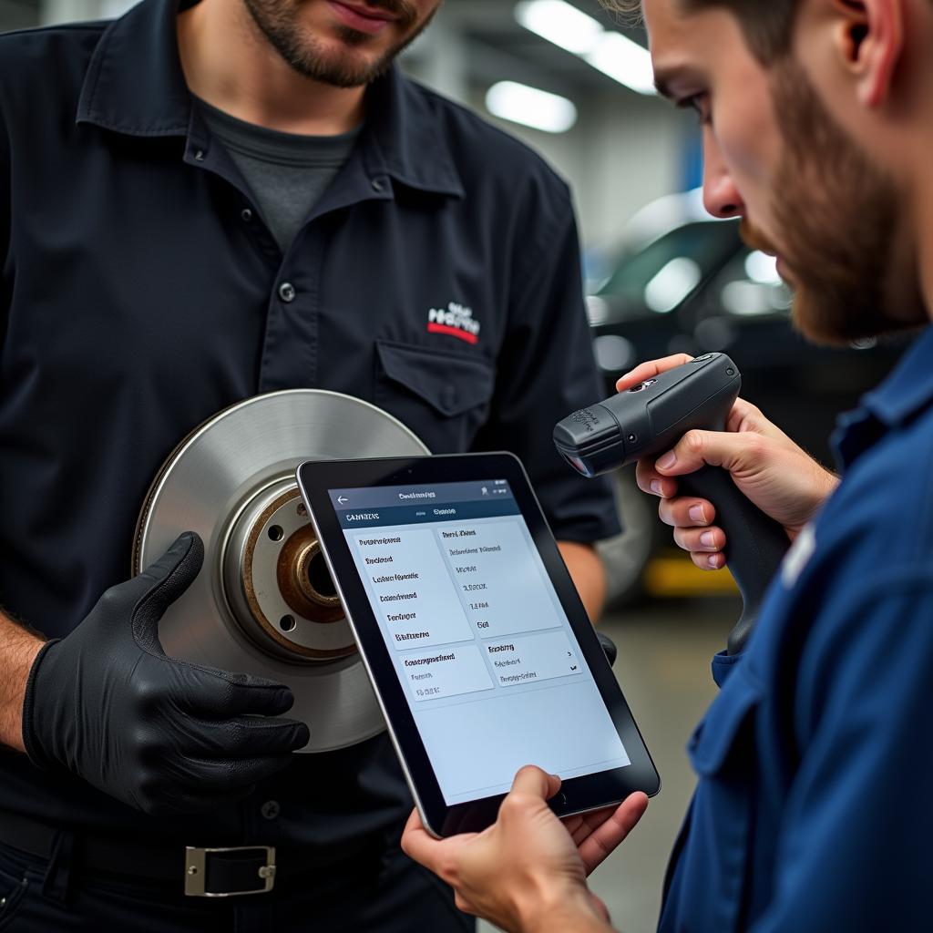 Mechanic Using a Car Part Barcode Scanner in a Repair Shop