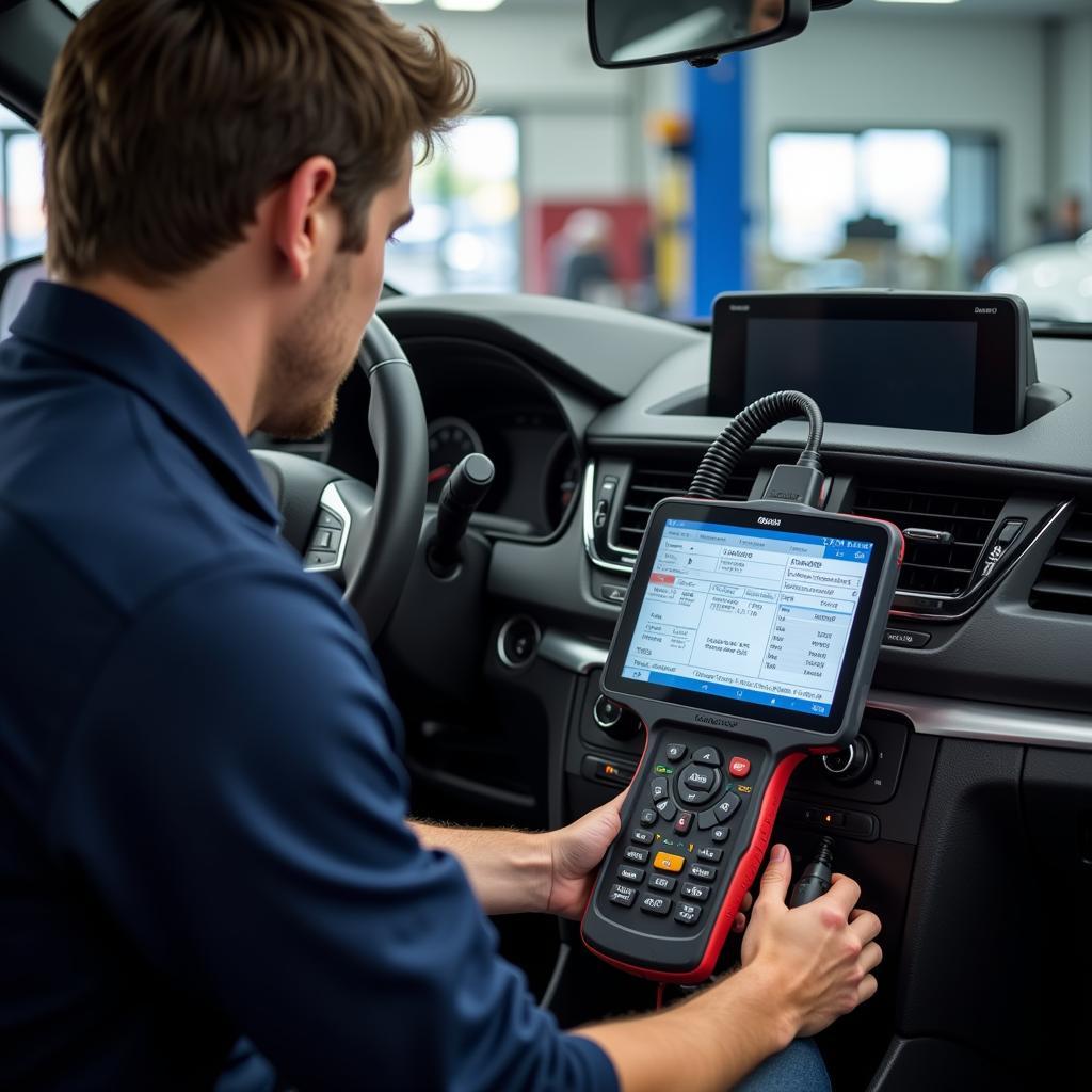 Professional-grade diagnostic tool being used by a technician in a car repair shop.