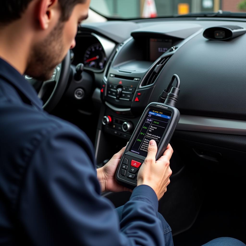 Mechanic Connecting Diagnostic Car Tool to OBD Port