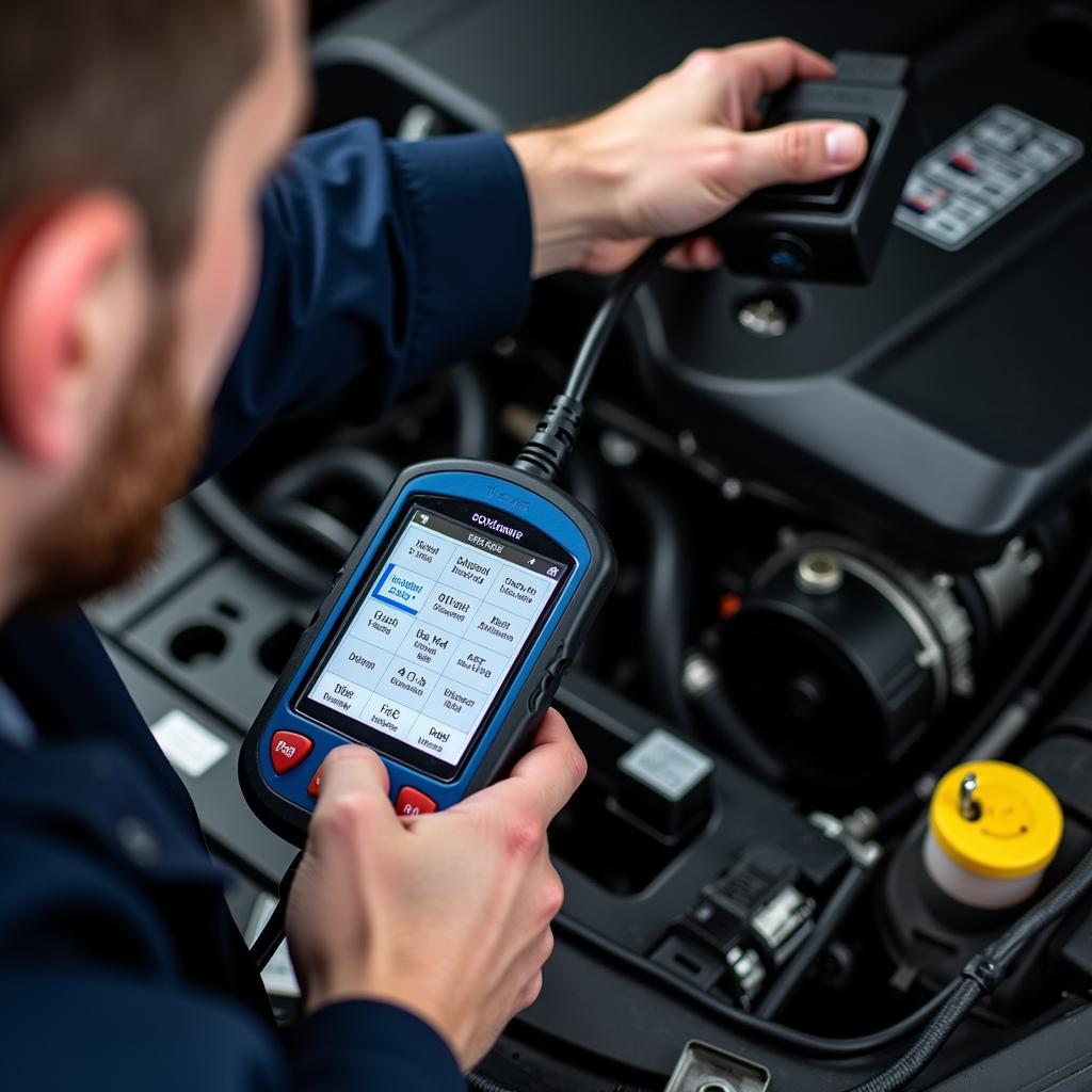 Mechanic Using a Diagnostic Car Tool