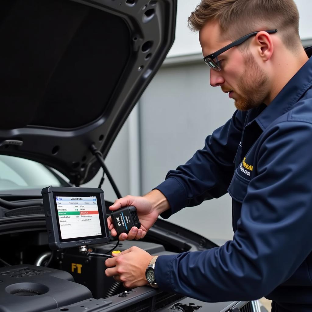 Mechanic using a diagnostic handheld scanner tool to diagnose a car engine problem