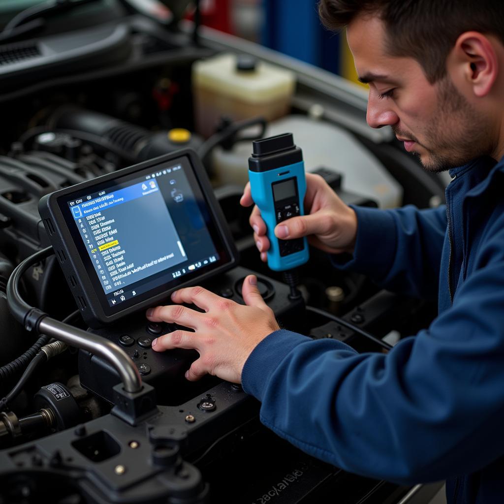 Mechanic using a diagnostic scan tool to troubleshoot a car's engine.