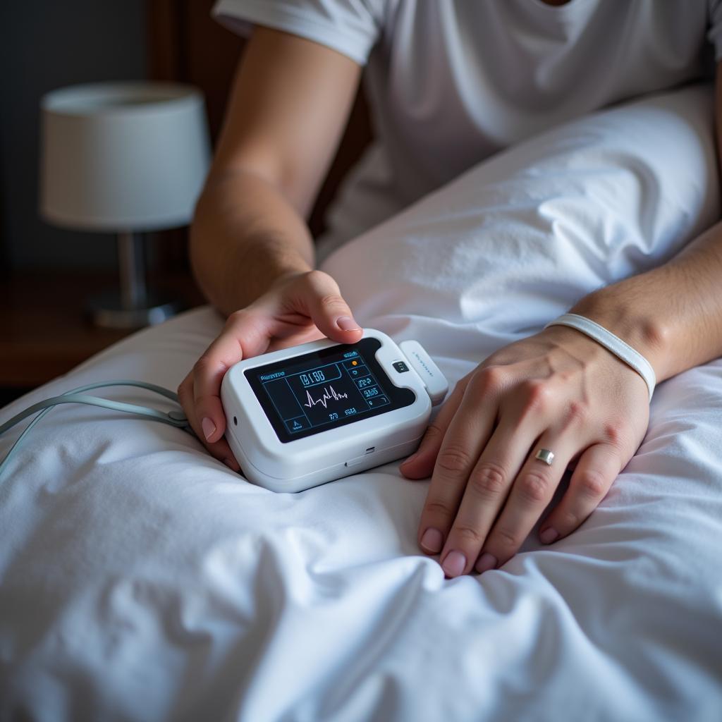 Patient using a diagnostic tool for sleep medicine at home.