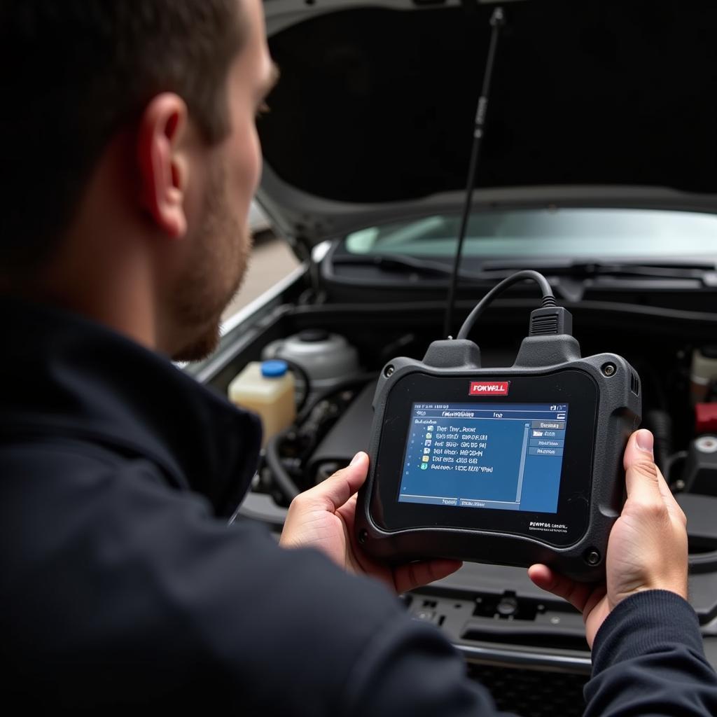 Mechanic using a Foxwell code reader to diagnose a car problem