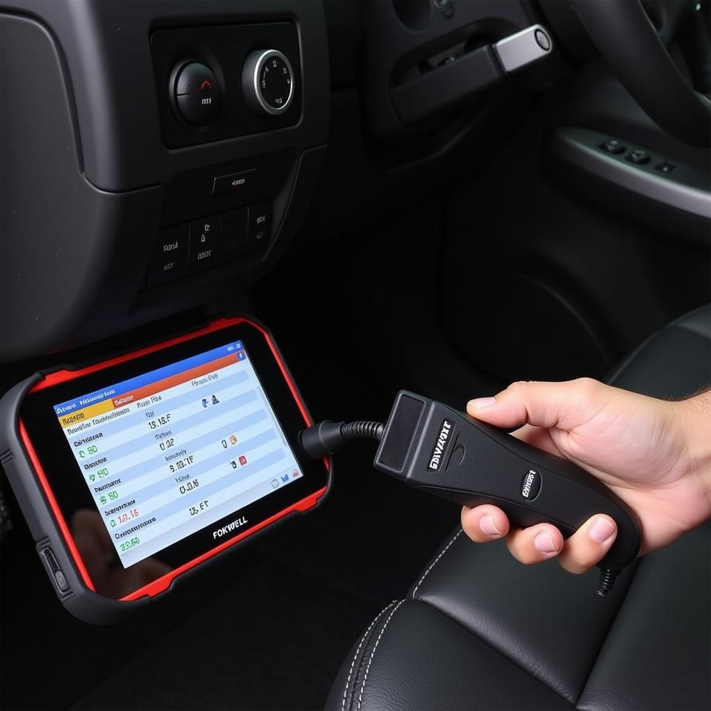 Technician Using a Foxwell Diagnostic Scanner on a Car