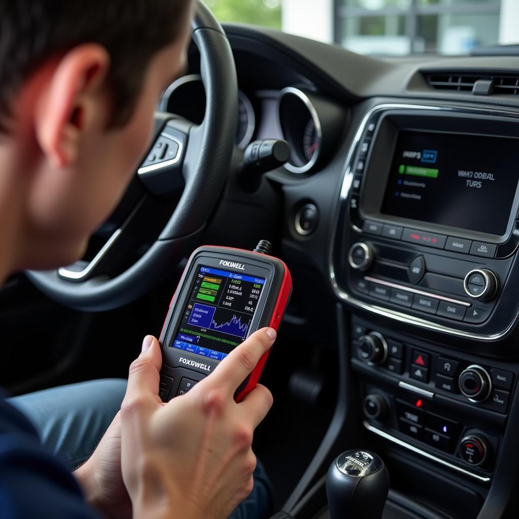 Mechanic using a Foxwell scanner to diagnose a car