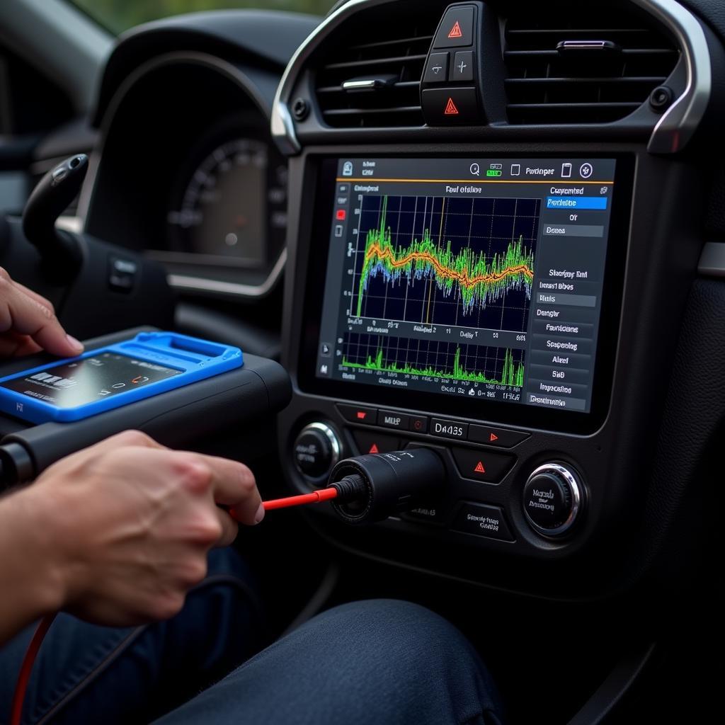 Technician using a full hard drive scan tool on a car