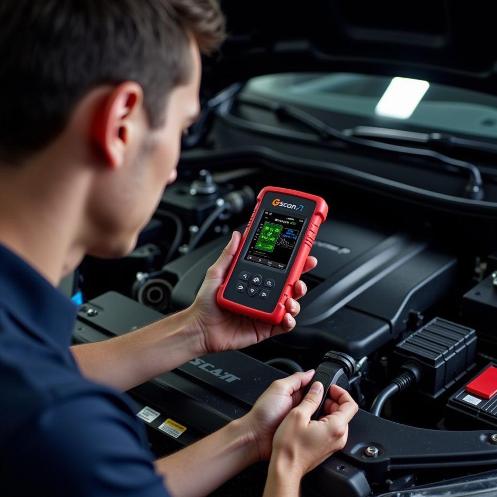 G Scan 2 Diagnostic Tool being used on a car engine by a mechanic.